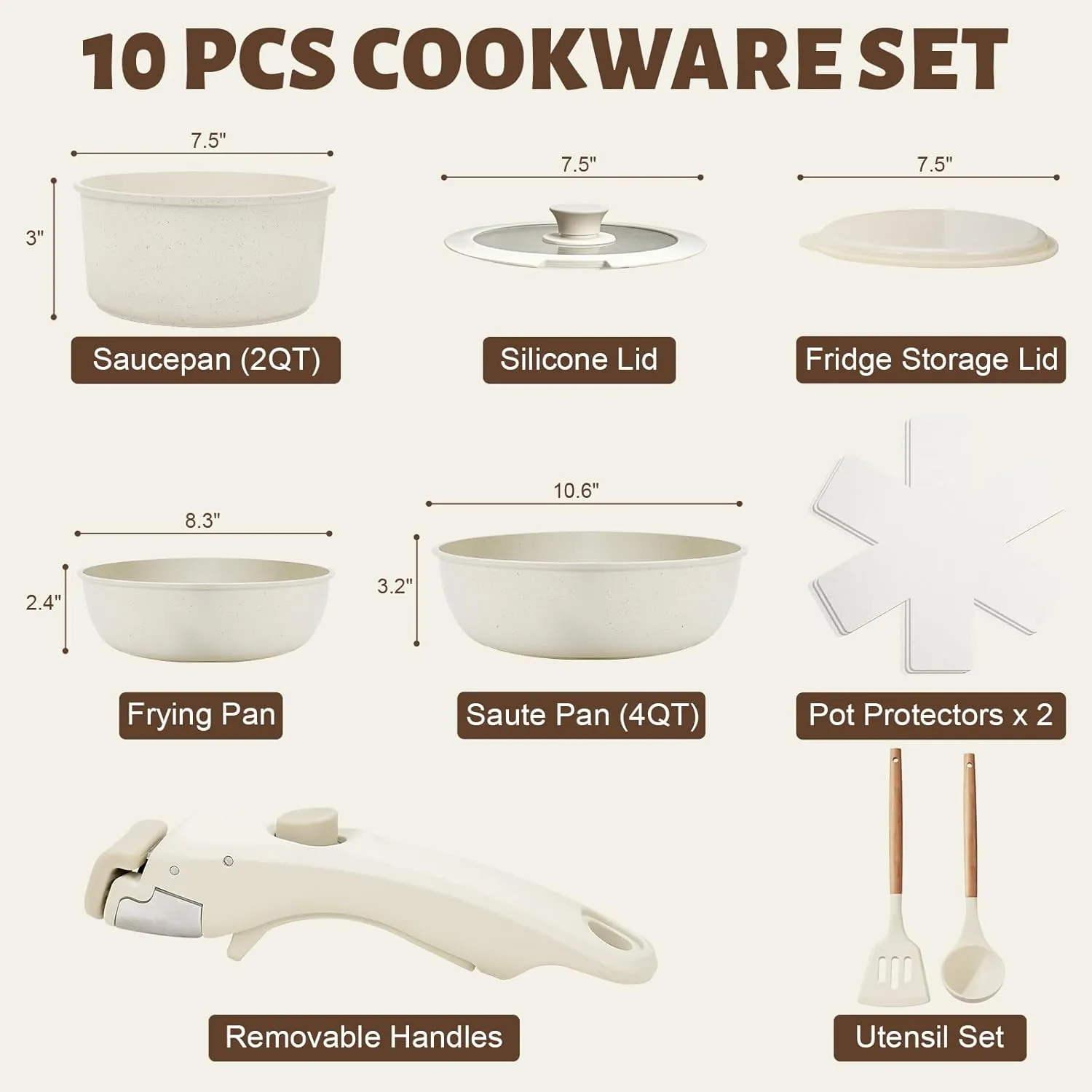 Numola 10 pcs Pots and Pan Set Non Stick with Detachable Handle, Ceramic Cookware Set for Stackable, Induction Kitchen Cookware Set for RV, Dishwasher ＆ Oven Safe, Cream White