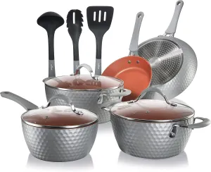 NutriChef 11 Pc Nonstick Cookware - PTFE/PFOA/PFOS Free Kitchenware Pots & Pans Set with Saucepan, Frying Pans, Cooking Pots, Lids, Utensils, Gray