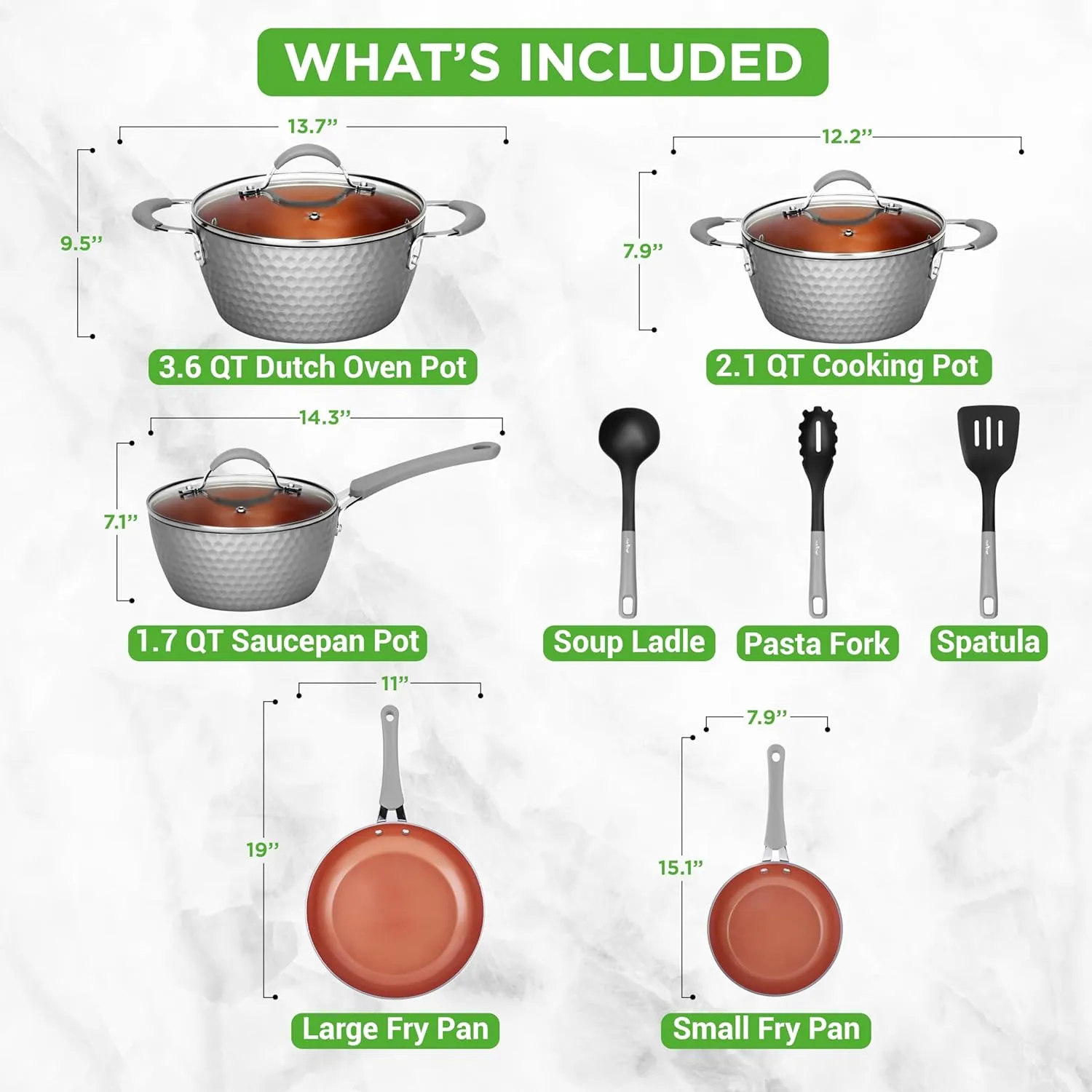 NutriChef 11 Pc Nonstick Cookware - PTFE/PFOA/PFOS Free Kitchenware Pots & Pans Set with Saucepan, Frying Pans, Cooking Pots, Lids, Utensils, Gray