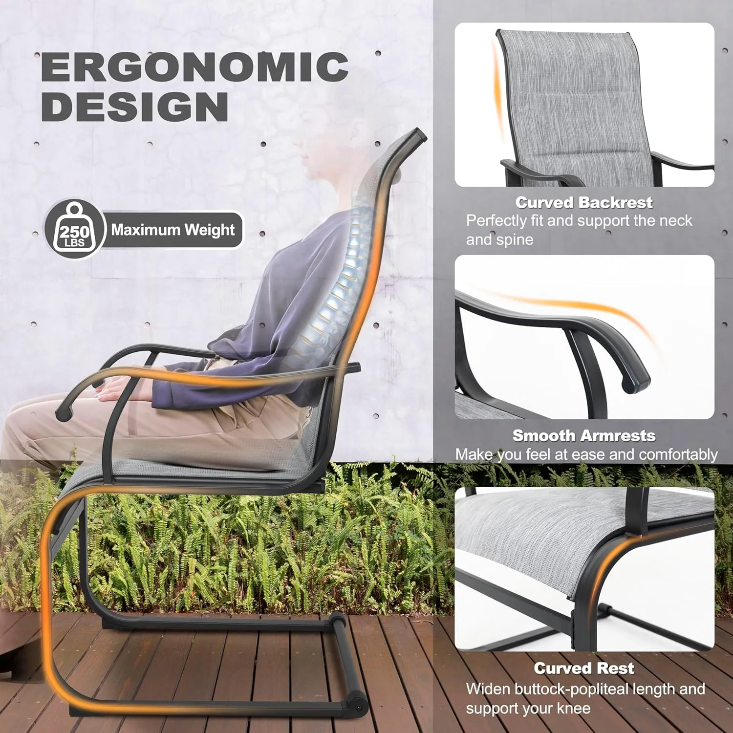 Nuu Garden 5 Piece Outdoor Dining Set, 4 All Weather Outdoor Padded Textilene Patio Chairs and 37" Square Dining Table with 1.57" Umbrella Hole, for Backyard, Patio, Garden, Deck, Light Grey and Black