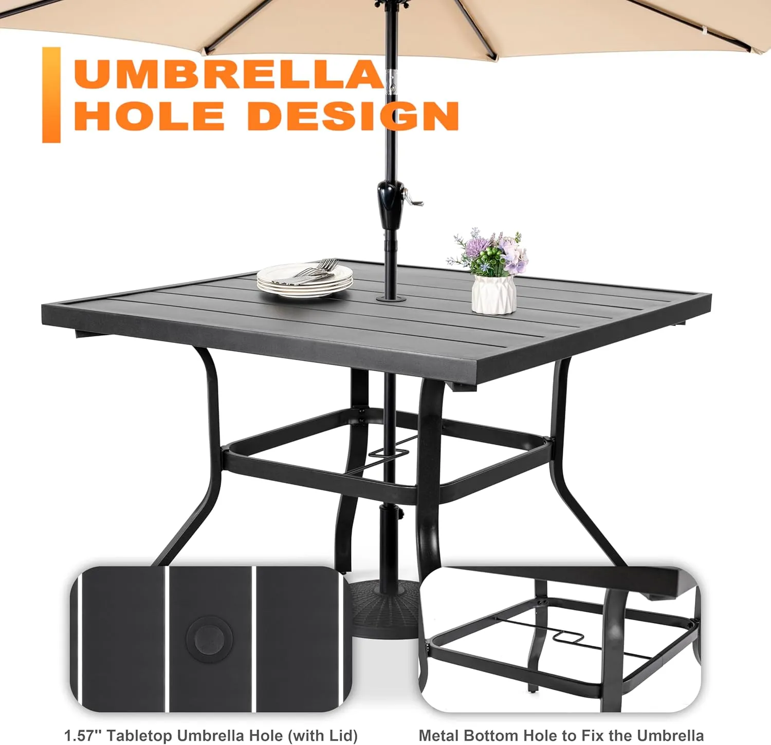 Nuu Garden 5 Piece Outdoor Dining Set, 4 All Weather Outdoor Padded Textilene Patio Chairs and 37" Square Dining Table with 1.57" Umbrella Hole, for Backyard, Patio, Garden, Deck, Light Grey and Black