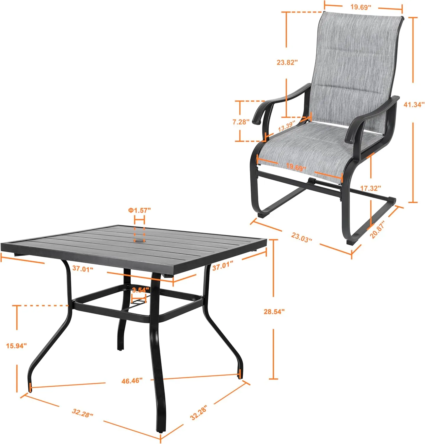 Nuu Garden 5 Piece Outdoor Dining Set, 4 All Weather Outdoor Padded Textilene Patio Chairs and 37" Square Dining Table with 1.57" Umbrella Hole, for Backyard, Patio, Garden, Deck, Light Grey and Black