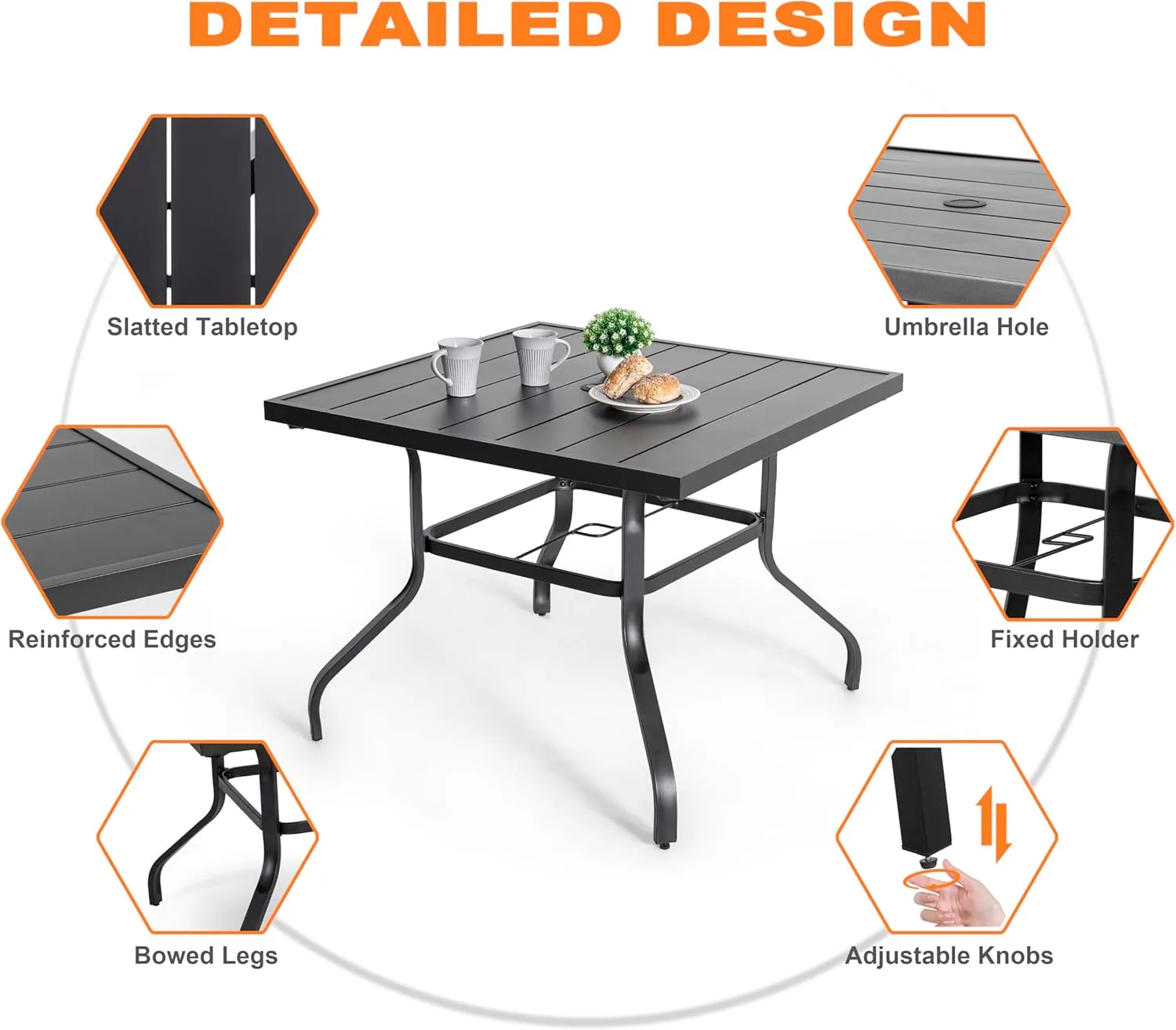 Nuu Garden 5 Piece Outdoor Dining Set, 4 All Weather Outdoor Padded Textilene Patio Chairs and 37" Square Dining Table with 1.57" Umbrella Hole, for Backyard, Patio, Garden, Deck, Light Grey and Black