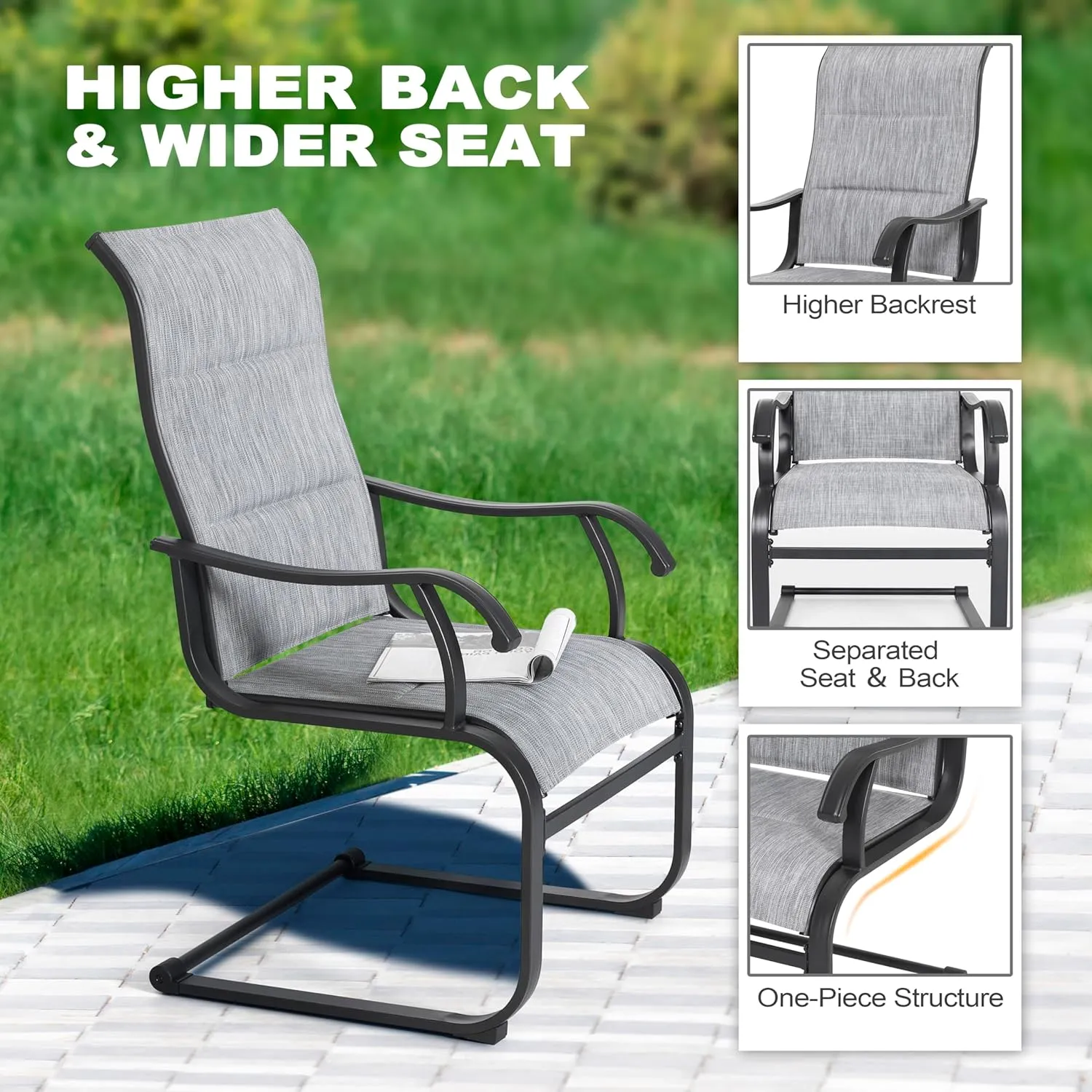 Nuu Garden 5 Piece Outdoor Dining Set, 4 All Weather Outdoor Padded Textilene Patio Chairs and 37" Square Dining Table with 1.57" Umbrella Hole, for Backyard, Patio, Garden, Deck, Light Grey and Black