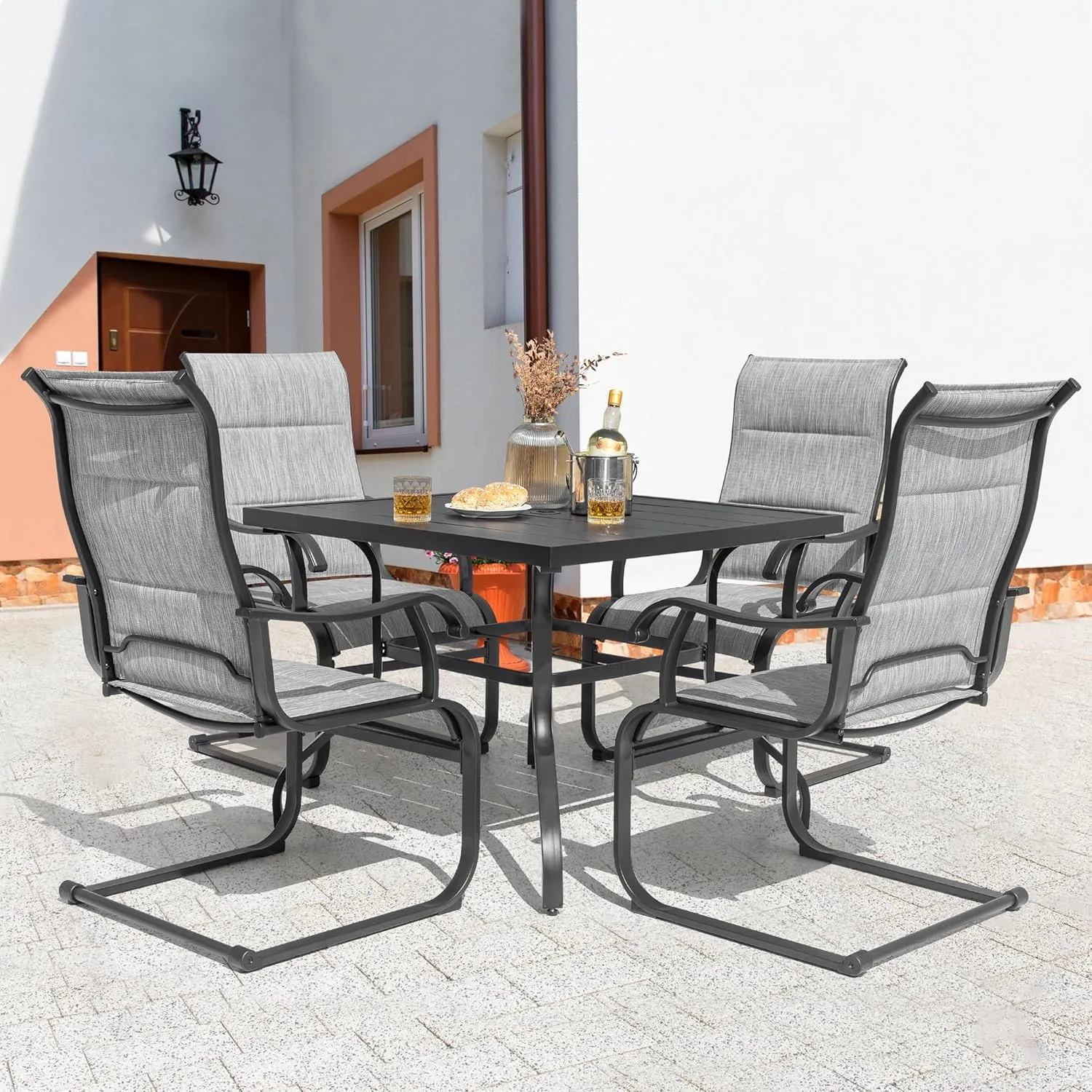Nuu Garden 5 Piece Outdoor Dining Set, 4 All Weather Outdoor Padded Textilene Patio Chairs and 37" Square Dining Table with 1.57" Umbrella Hole, for Backyard, Patio, Garden, Deck, Light Grey and Black