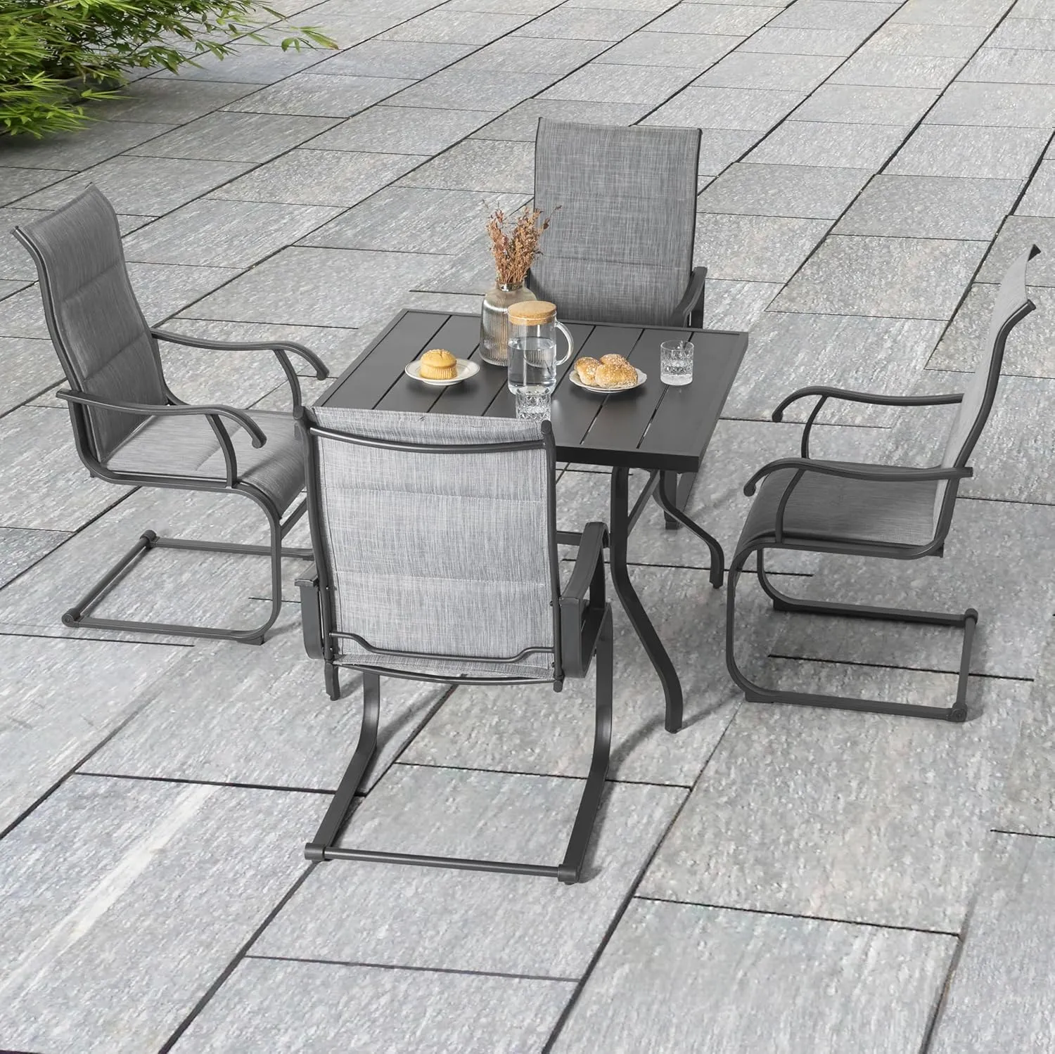 Nuu Garden 5 Piece Outdoor Dining Set, 4 All Weather Outdoor Padded Textilene Patio Chairs and 37" Square Dining Table with 1.57" Umbrella Hole, for Backyard, Patio, Garden, Deck, Light Grey and Black