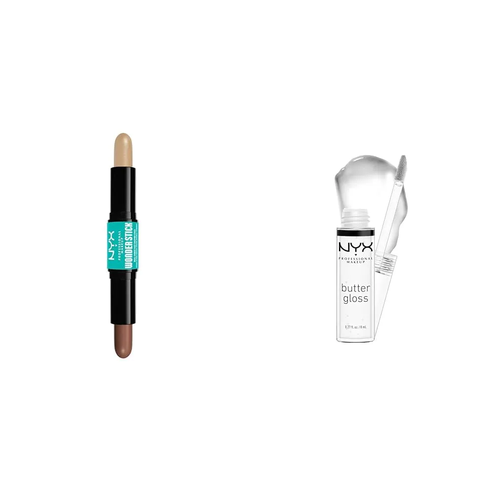 NYX PROFESSIONAL MAKEUP Wonder Stick, Face Shaping & Contouring Stick - Universal Light & Butter Gloss, Non-Sticky Lip Gloss - Sugar Glass (Clear)