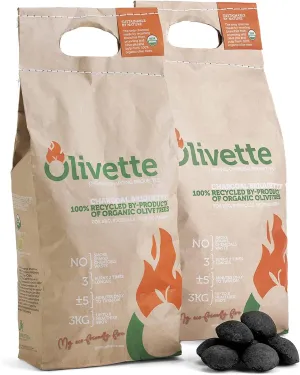 Organic Charcoal Briquettes by Olivette, Reusable Charcoal for Grilling, USDA Certified, Recycled Olive Tree Byproduct, Ready to Light, 6.6 lb. Bag Equal to 20 lb. of a Regular Charcoal, 2-Bag Pack