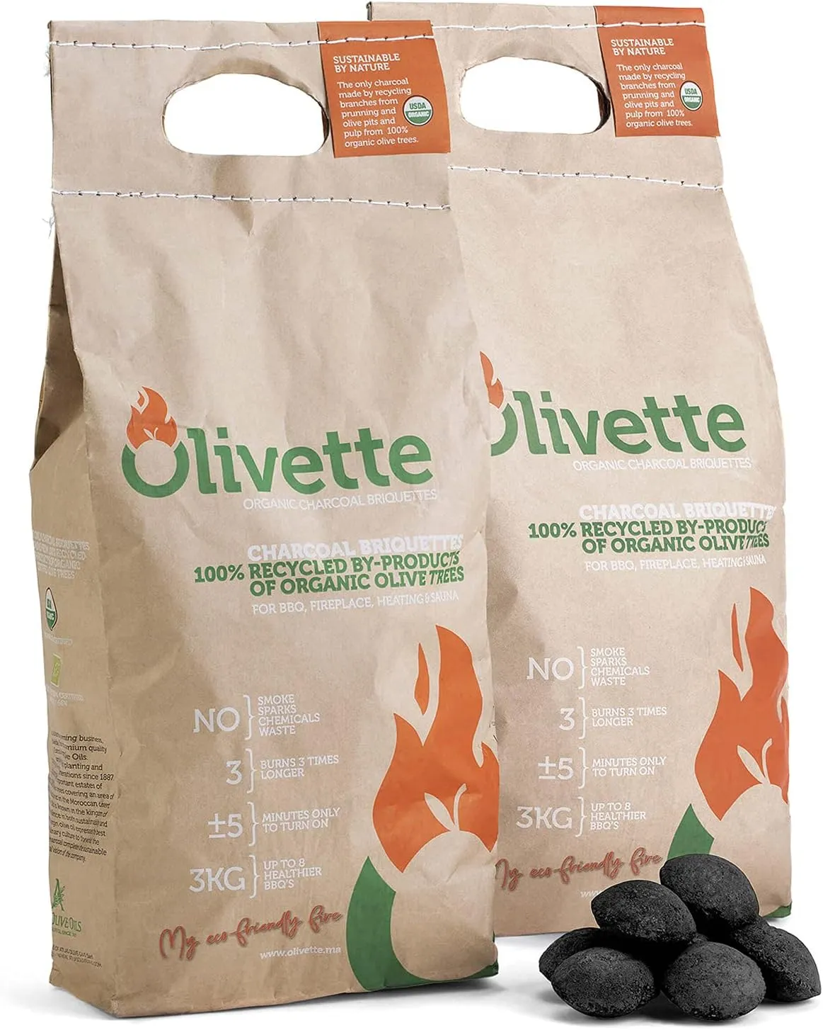 Organic Charcoal Briquettes by Olivette, Reusable Charcoal for Grilling, USDA Certified, Recycled Olive Tree Byproduct, Ready to Light, 6.6 lb. Bag Equal to 20 lb. of a Regular Charcoal, 2-Bag Pack