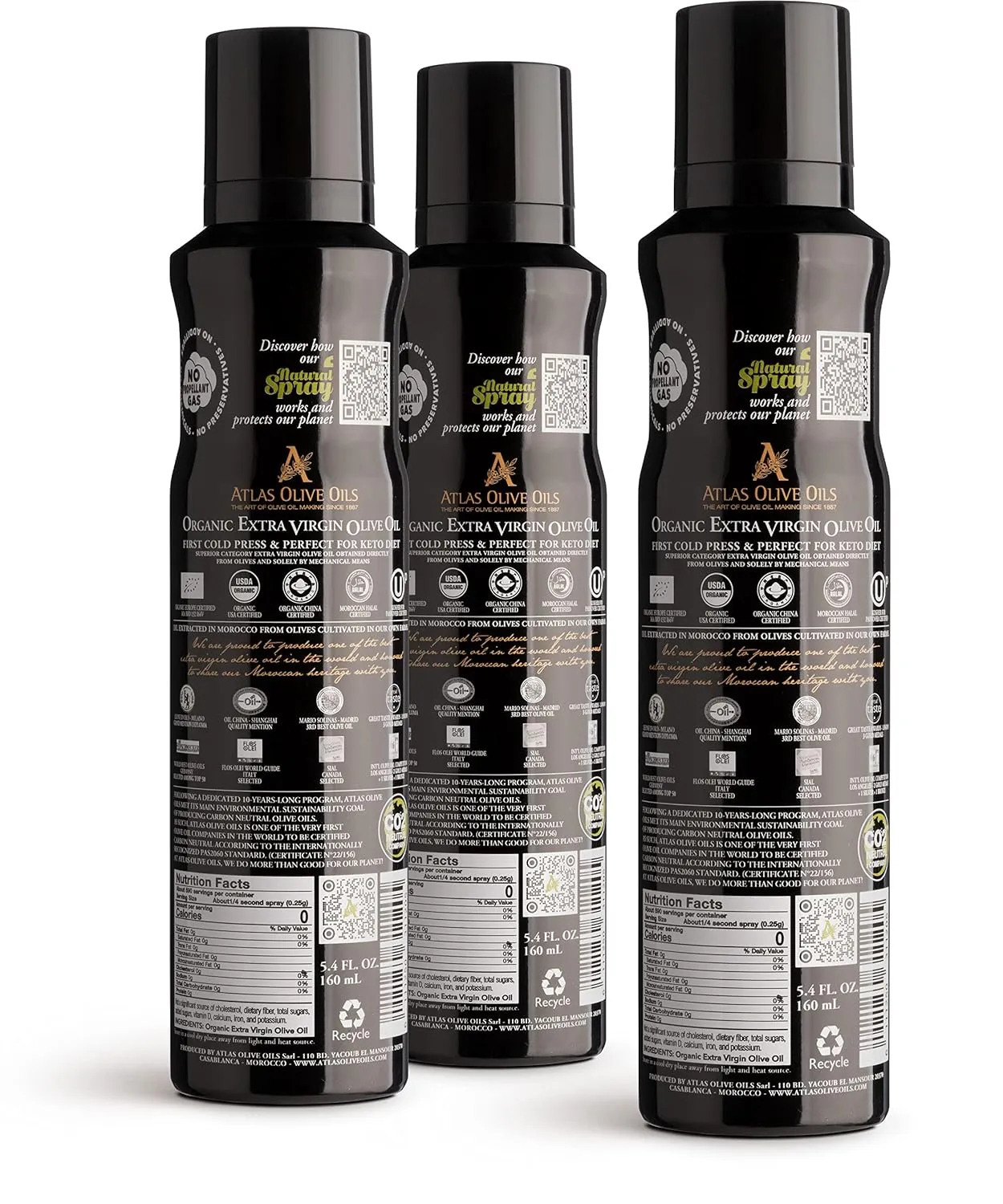 Organic Extra Virgin Olive Oil Spray, Polyphenol Rich Moroccan Oil, Cooking Spray Non Stick, Cold Pressed EVOO Oil, Hydroxytyrosol Keto Olive Oil, 5.4 fl oz. Bottle, Pack of 3
