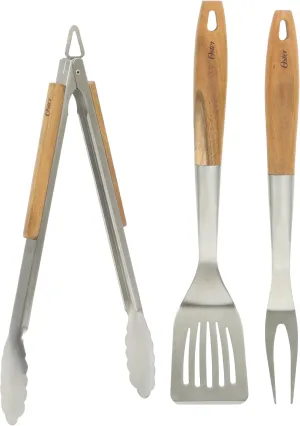 Oster Balincourt Stainless Steel Grilling Tool Set W/Wooden Handles, Tongs, Slotted Turner, and Fork Set