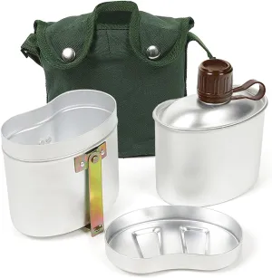 Outdoor Canteen, Portable Aluminum Canteen Set with Cup and Cover Outdoor Camping Cookware Mess Kit for Hiking Backpacking Picnic