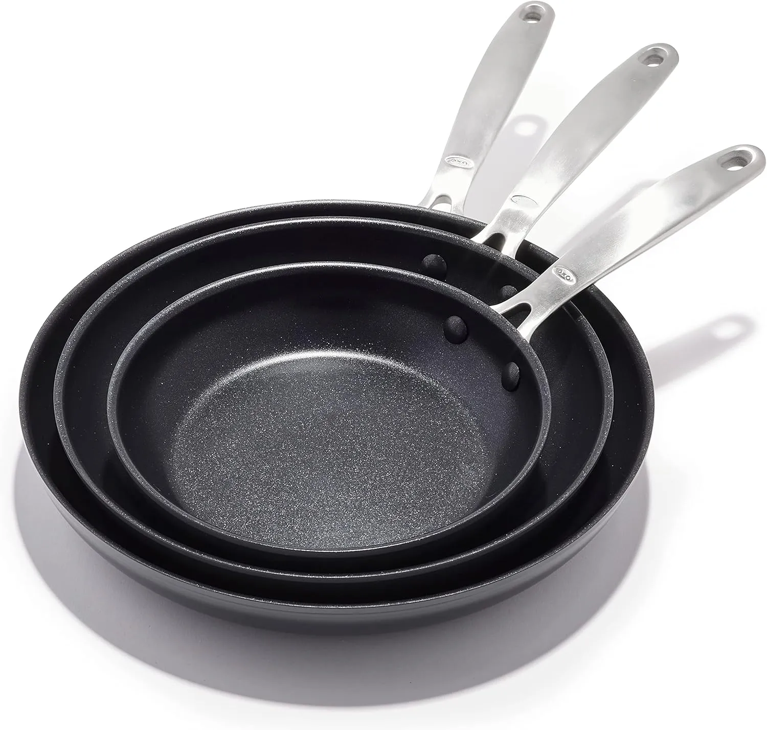 OXO Enhanced, 8" 10" and 12" 3 Piece Frying Pan Skillet Set, Healthy Ceramic Nonstick, PFAS-Free, Stainless Steel Handle, Dishwasher Safe, Oven Safe, Black