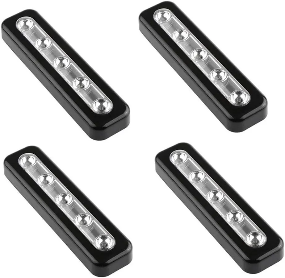 Pack of 4, DIY Stick on 5 LED Touch Tap Lights Battery Powered Push Night Light for Closets, Cabinets, Cupboard, Hallway, Stairs, Attics, Garages, Car, Sheds, Storage Room (Black)