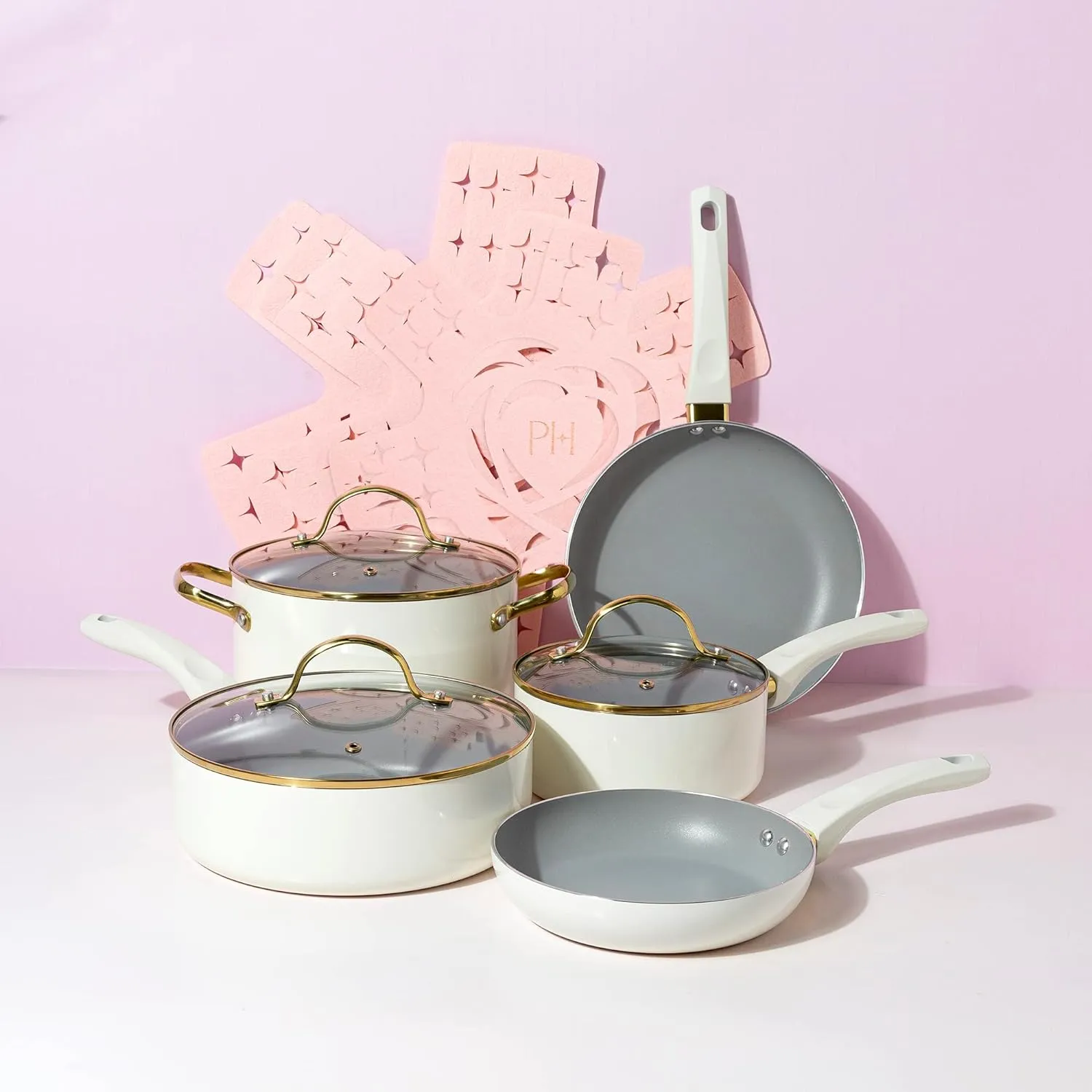Paris Hilton Epic Nonstick Pots and Pans Set, Multi-layer Nonstick Coating, Tempered Glass Lids, Soft Touch, Stay Cool Handles, Made without PFOA, Dishwasher Safe Cookware Set, 12-Piece, Cream