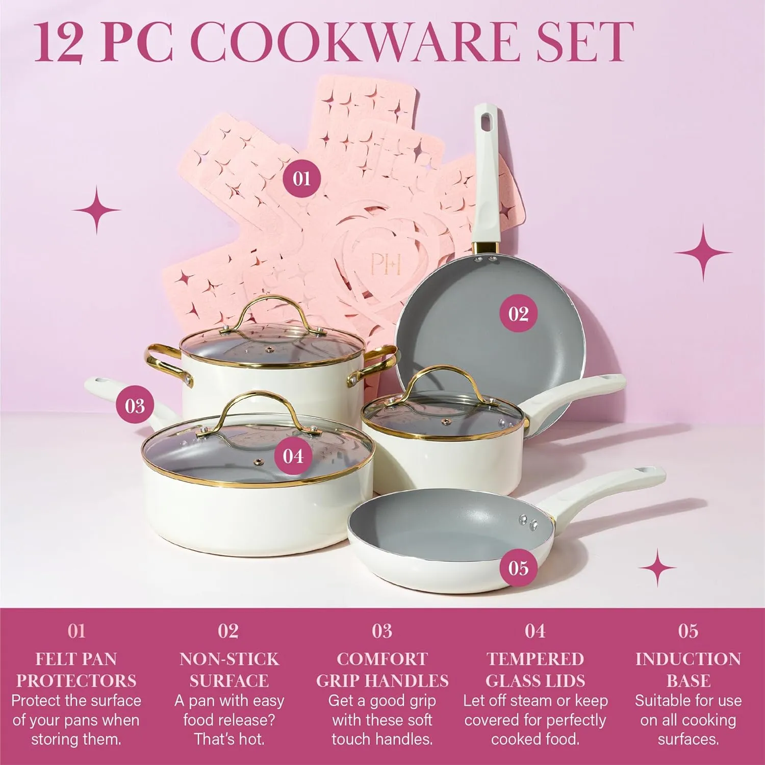 Paris Hilton Epic Nonstick Pots and Pans Set, Multi-layer Nonstick Coating, Tempered Glass Lids, Soft Touch, Stay Cool Handles, Made without PFOA, Dishwasher Safe Cookware Set, 12-Piece, Cream