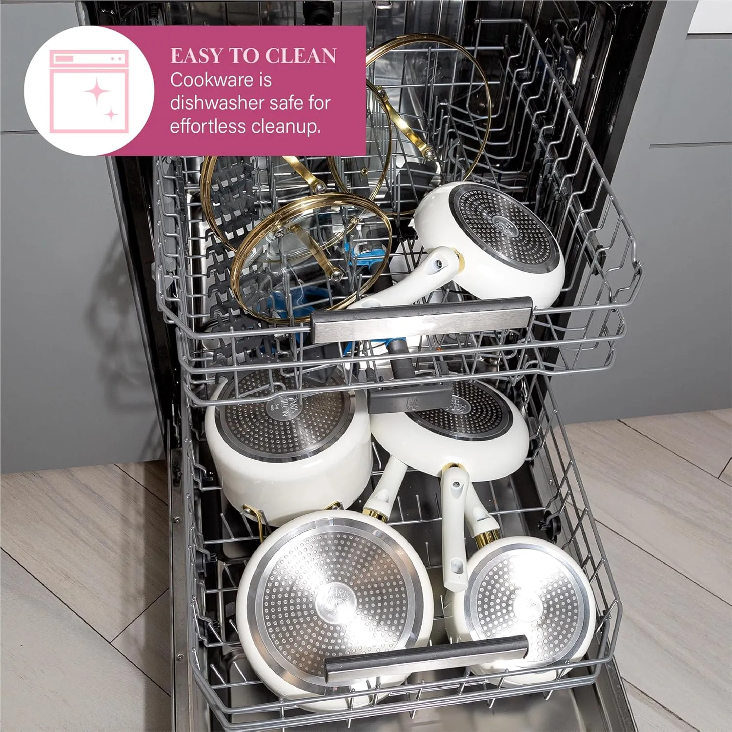 Paris Hilton Epic Nonstick Pots and Pans Set, Multi-layer Nonstick Coating, Tempered Glass Lids, Soft Touch, Stay Cool Handles, Made without PFOA, Dishwasher Safe Cookware Set, 12-Piece, Cream