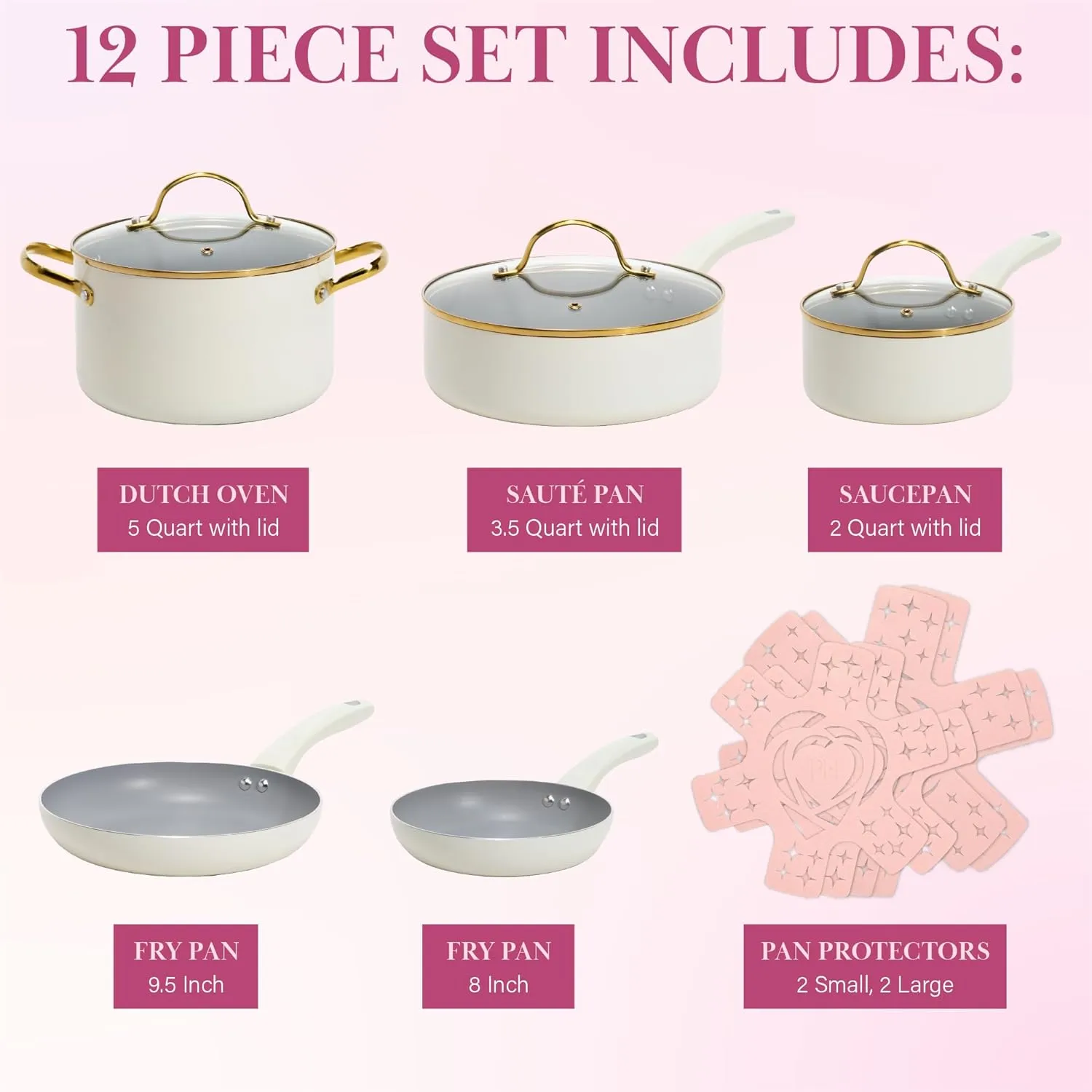 Paris Hilton Epic Nonstick Pots and Pans Set, Multi-layer Nonstick Coating, Tempered Glass Lids, Soft Touch, Stay Cool Handles, Made without PFOA, Dishwasher Safe Cookware Set, 12-Piece, Cream
