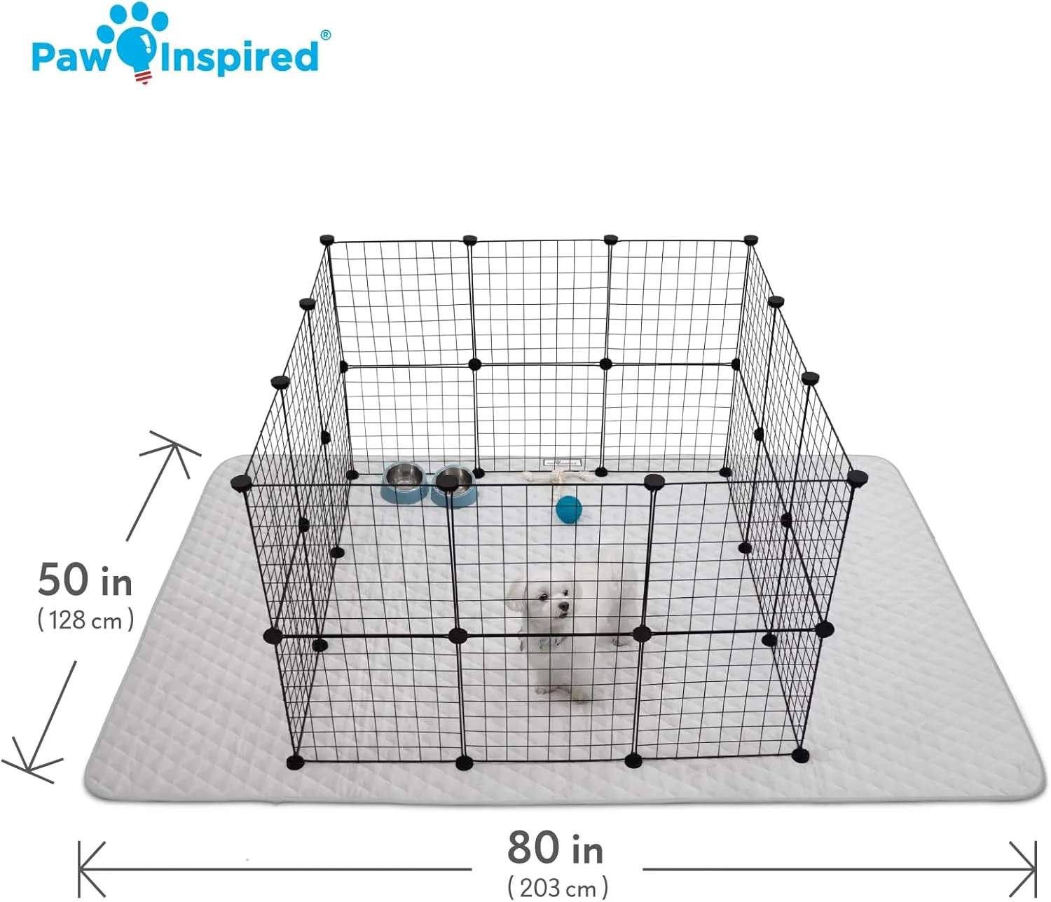 Paw Inspired 80x50” Waterproof Playpen Mat | Super Absorbent Fleece Cage Liner with Non-Slip Bottom | Pet Play Pen Pad for Dogs, Rabbits, Guinea Pigs, Hamsters, Small Animals (Light Gray)