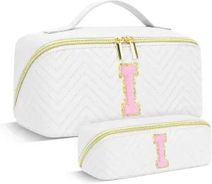 Personalized Initial Makeup Bag | Trendy Cosmetic Bags Travel Toiletry Bag for Teen Girls Women Girlfriend, mother's day/graduation/Birthday day Gifts Portable Make up Bag Leather Waterproof Organizer