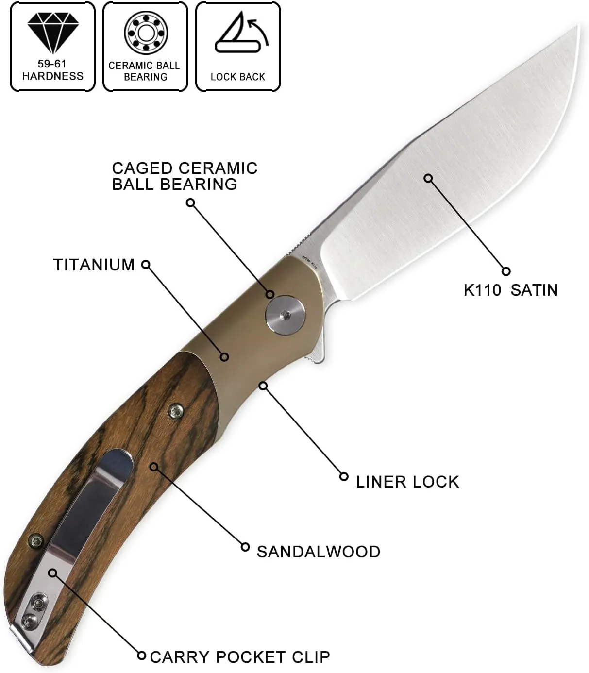 Petrified fish PFP09 Hourglass Folding Knife,3.54" K110 Steel Satin Blade, 3.88oz Titanium and Sandalwood Handle Pocket knife for Camping Outdoor EDC (Sandalwood Satin)