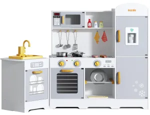 Play Kitchen for Kids, Wooden Play Kitchen with Toy Storage System, 21pcs Accessories Included, Oven Faucet, Microwave, Ice Maker, BBQ, with Lights & Sounds Kitchen Playset Gift for Ages 3 