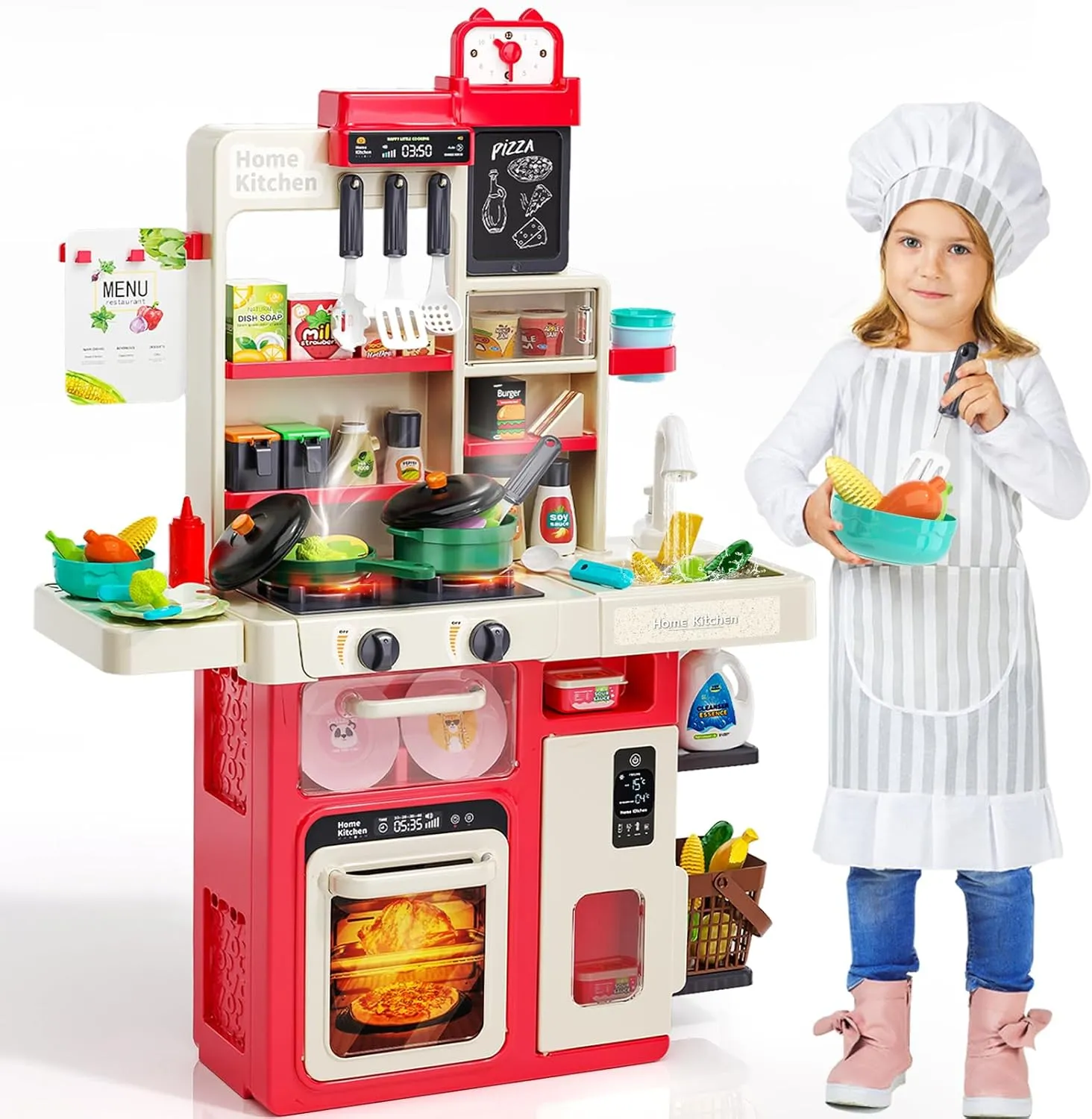 Play Kitchen, Kids Toy Kitchen Sets with Real Steam, Sounds, Light, Sink, Play Food & Kitchen Accessories, Pretend Kitchen Playset for Toddlers Preschool Children Birthday Gift - Red