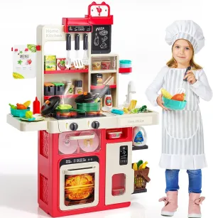 Play Kitchen, Kids Toy Kitchen Sets with Real Steam, Sounds, Light, Sink, Play Food & Kitchen Accessories, Pretend Kitchen Playset for Toddlers Preschool Children Birthday Gift - Red