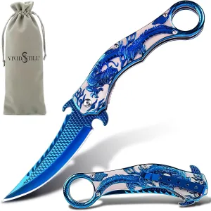 Pocket Knife for Men, Cool Folding Knife With 3D Blue Dragon Relief, Great Gift Edc Knife For Men Outdoor Survival Camping Hiking