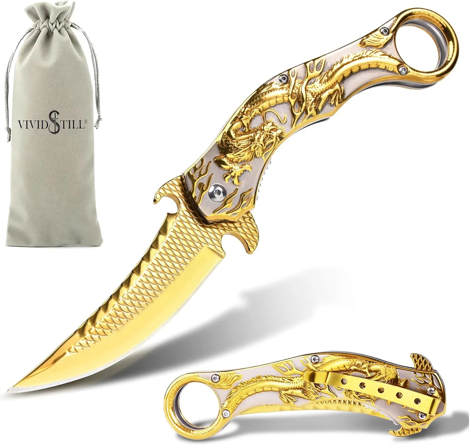 Pocket Knife for Men, Cool Folding Knife With 3D Golden Dragon Relief, Great Gift Edc Knife For Men Outdoor Survival Camping Hiking Hunting
