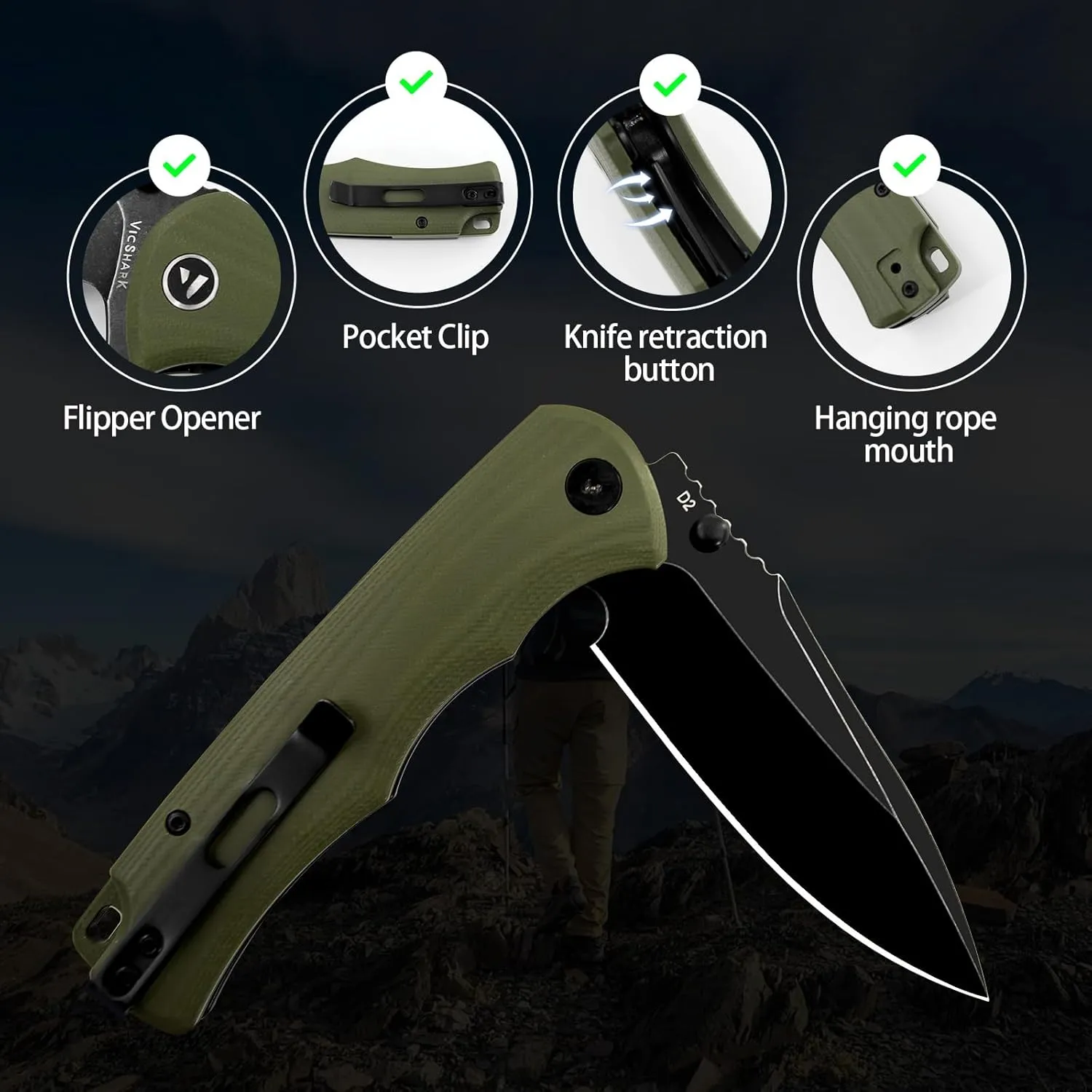 Pocket Knife Hunting knives knives for men D2 Steel Blade G10 Handle EDC Knife with Pocket Sharp Camping Survival Hiking Knives Army Green