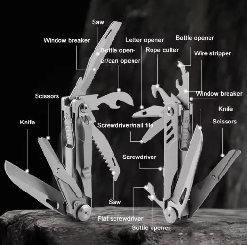 Pocket Multitool Knife 8-in-1 Stainless Steel Multitool Knife Saw Scissors Can&Bottle Opener Wire Stripper Glass Breake