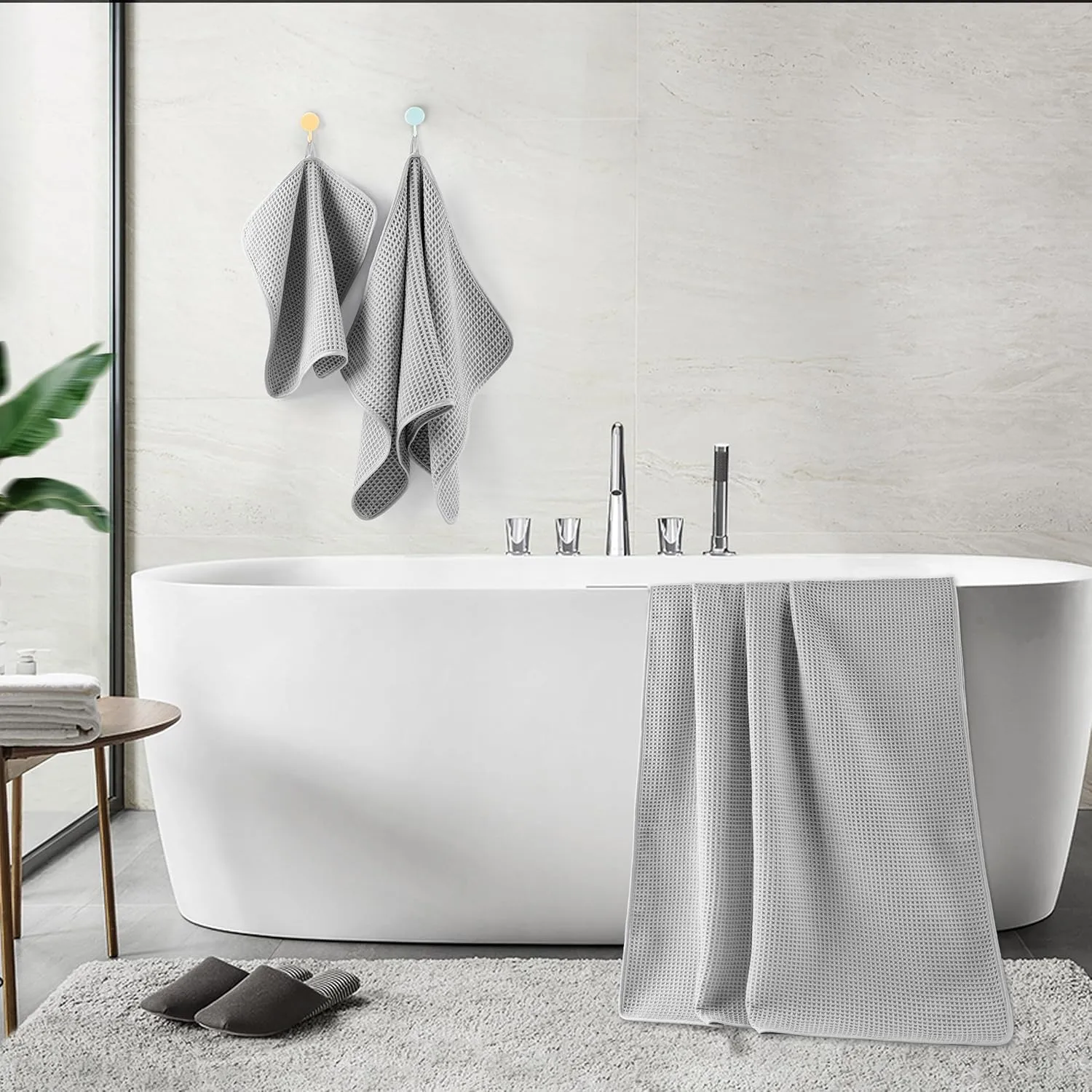 POLYTE Oversize, 60 x 30 in., Quick Dry Lint Free Microfiber Bath Towel Set, 6 Piece (Light Gray, Waffle Weave)