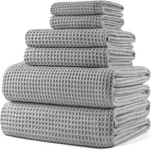 POLYTE Oversize, 60 x 30 in., Quick Dry Lint Free Microfiber Bath Towel Set, 6 Piece (Light Gray, Waffle Weave)