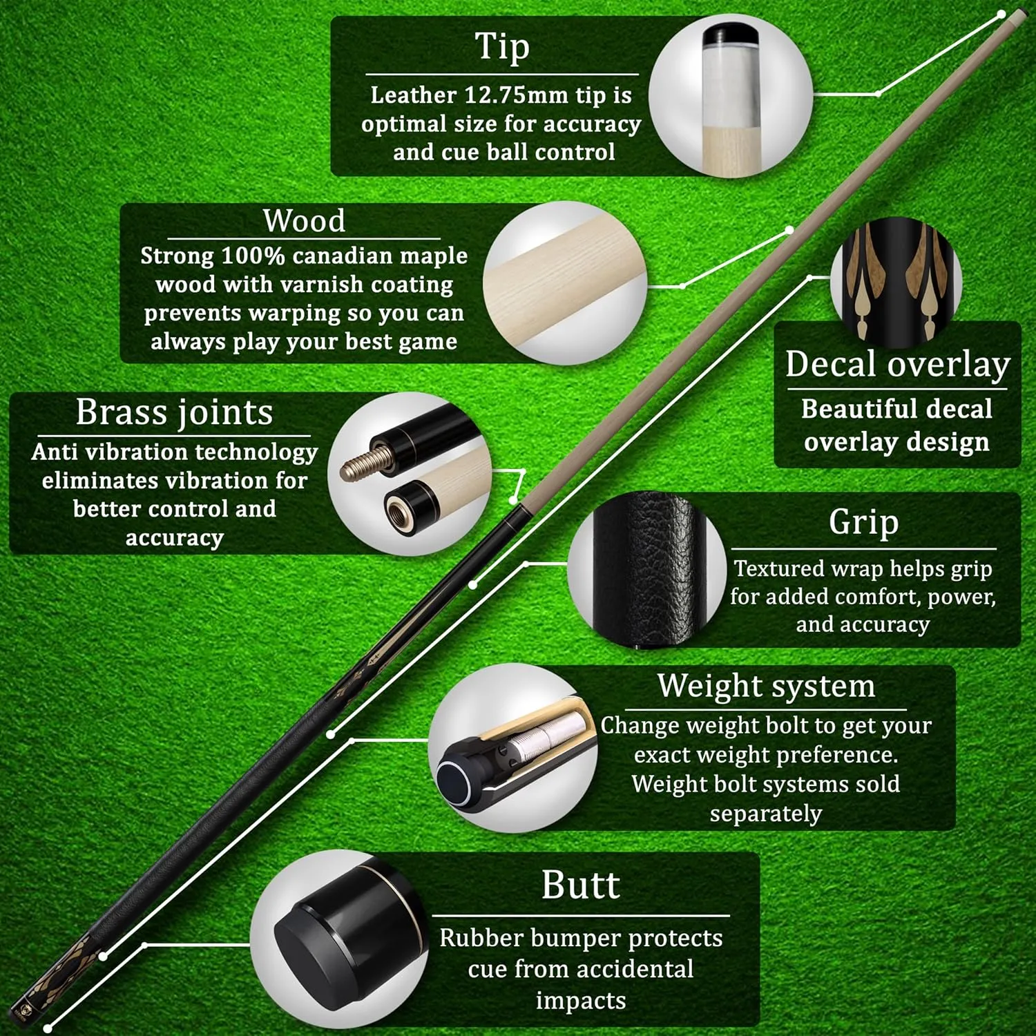 Pool Cue Stick 100% Canadian Maple Wood. Professional Billiard Pool Cue Stick with Hard Case and Joint Protectors