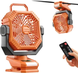Portable Camping Fan with LED Lantern, 360°Rotation and Clip on for Desk, 8000mAh USB Rechargeable Battery Powered, Digital Display and Hanging Hook for Tent RV Outdoor Travel Barbecue Bedroom