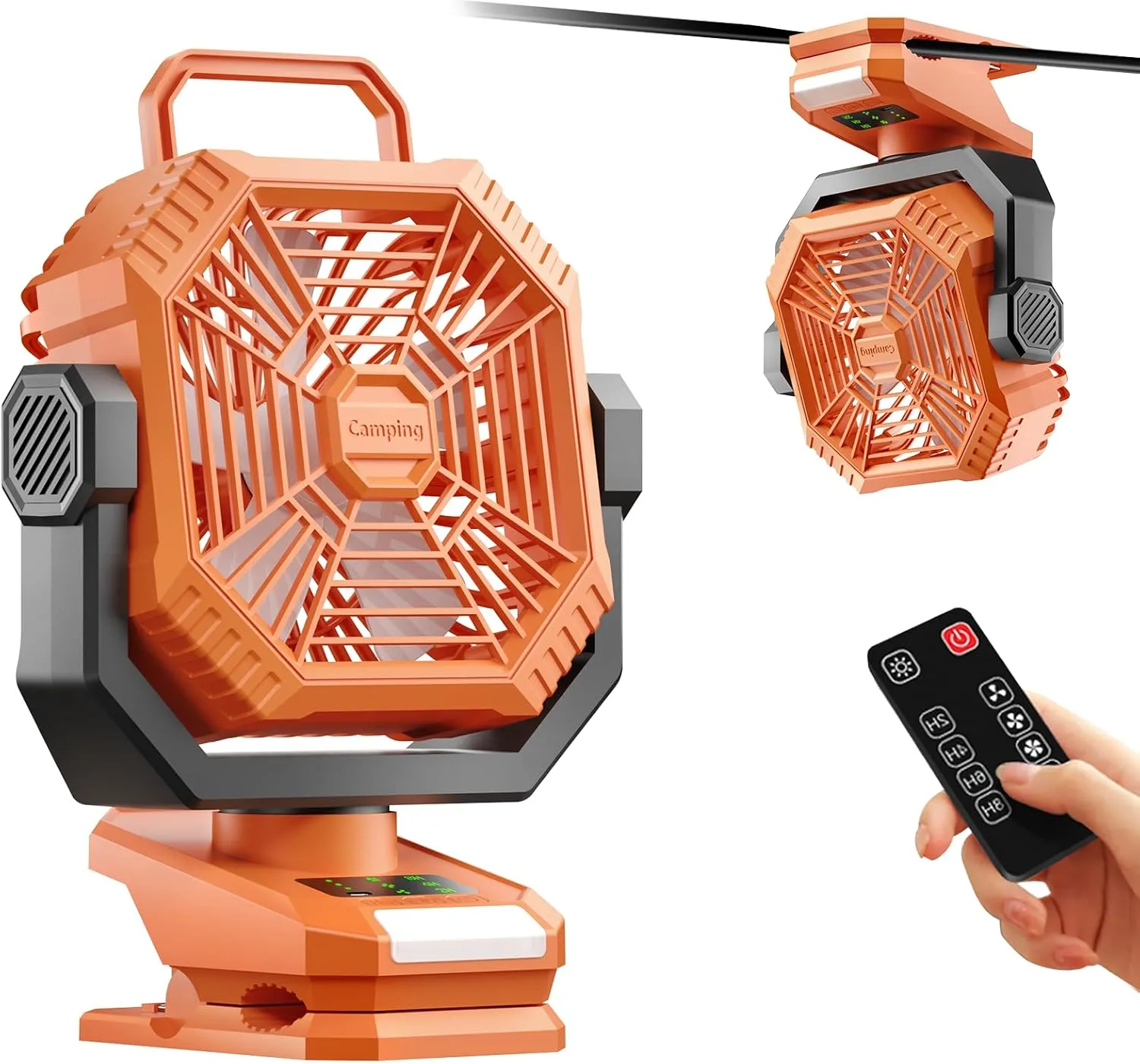 Portable Camping Fan with LED Lantern, 360°Rotation and Clip on for Desk, 8000mAh USB Rechargeable Battery Powered, Digital Display and Hanging Hook for Tent RV Outdoor Travel Barbecue Bedroom