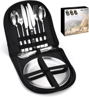 Portable Outdoor Cutlery Set for Picnic, Camping Dinnerware Set with Spoon Fork Knife, 10 Piece Mess Kit for 2, Stainless Steel Silverware Set With Organizer, Travel Camping Flatware Set (Silver)