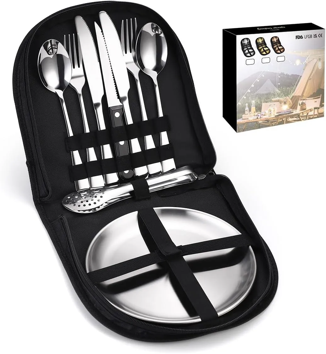 Portable Outdoor Cutlery Set for Picnic, Camping Dinnerware Set with Spoon Fork Knife, 10 Piece Mess Kit for 2, Stainless Steel Silverware Set With Organizer, Travel Camping Flatware Set (Silver)