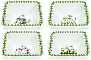 Portmeirion Botanic Garden Square Mini Bowls | Set of 4 Small Bowls with Assorted Motifs | 4 Inch | Made from Porcelain | Microwave and Dishwasher Safe