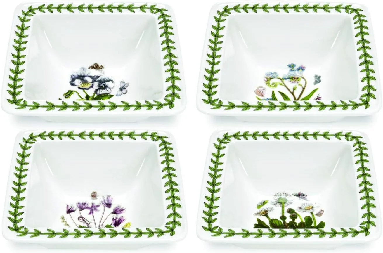 Portmeirion Botanic Garden Square Mini Bowls | Set of 4 Small Bowls with Assorted Motifs | 4 Inch | Made from Porcelain | Microwave and Dishwasher Safe