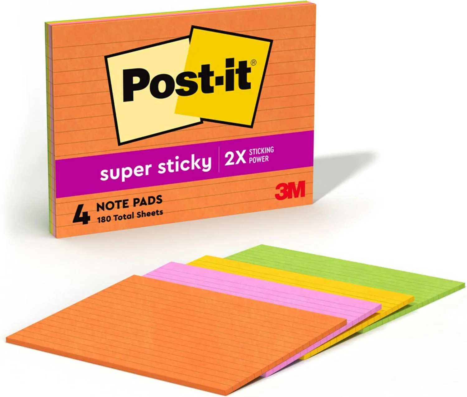 Post-it Super Sticky Lined Notes, 4 Sticky Note Pads, 8 x 6 in., School Supplies, Office Products, Sticky Notes for Vertical Surfaces, Monitors, Walls and Windows, Energy Boost Collection