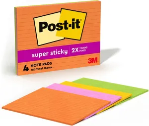 Post-it Super Sticky Lined Notes, 4 Sticky Note Pads, 8 x 6 in., School Supplies, Office Products, Sticky Notes for Vertical Surfaces, Monitors, Walls and Windows, Energy Boost Collection