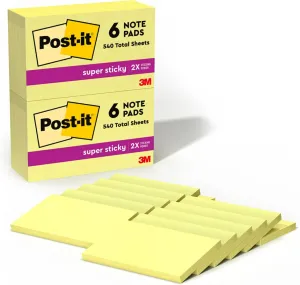Post-it Super Sticky Notes, 3x5 in, 12 Pads, 2X The Sticking Power, Canary Yellow, Recyclable (655-12SSCY)