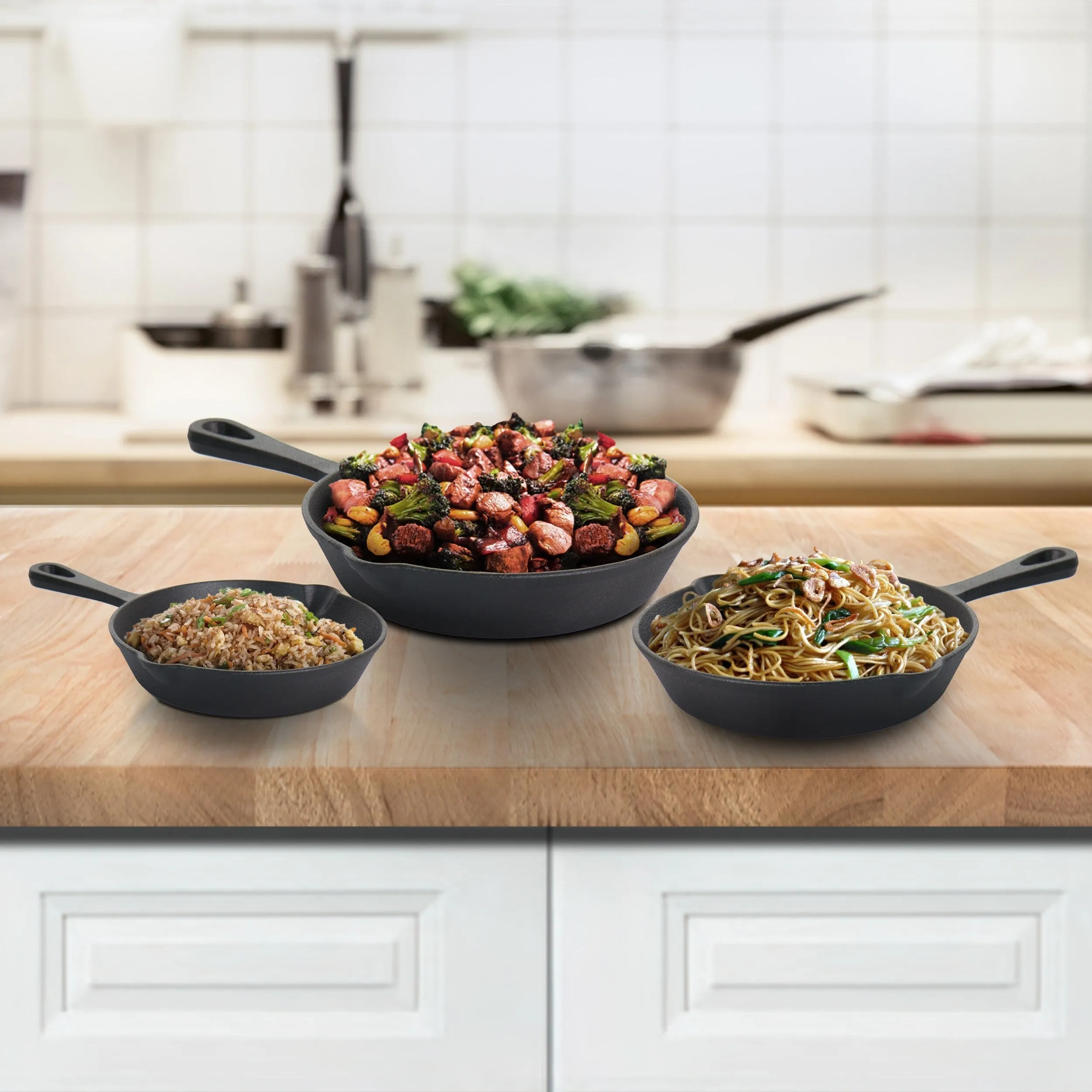 Pre-Seasoned 3 Piece Dual Pour Spout Sturdy Handle Cast Iron Skillet Set