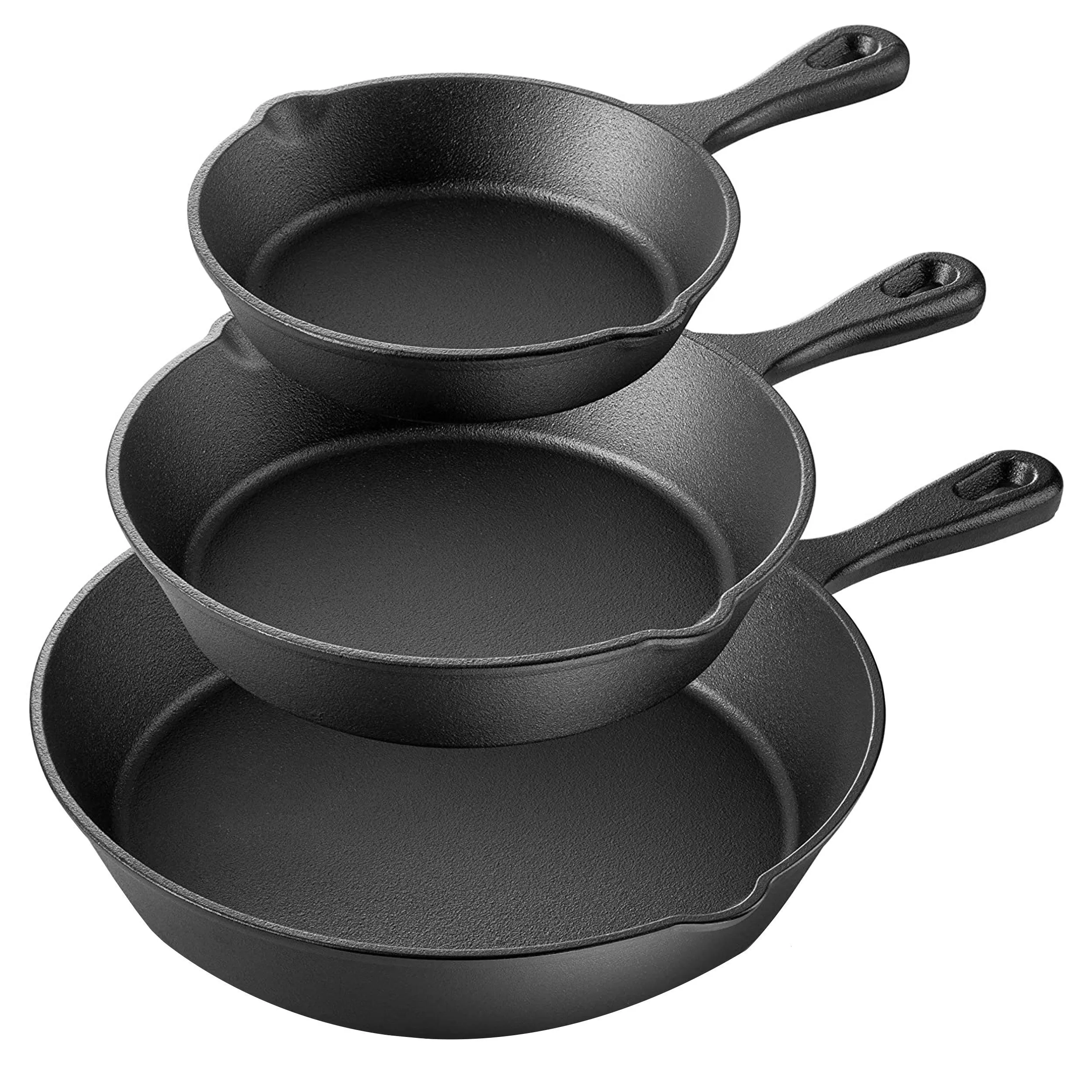 Pre-Seasoned 3 Piece Dual Pour Spout Sturdy Handle Cast Iron Skillet Set