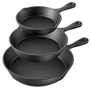 Pre-Seasoned 3 Piece Dual Pour Spout Sturdy Handle Cast Iron Skillet Set