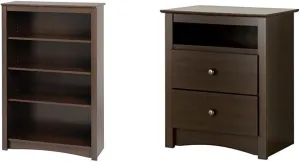 Prepac 2-Drawer Nightstand and 4-Shelf Bookcase Bundle: Elegant Bedroom Furniture Sets with Bedside Table, 23.25" W x 16" D x 28" H, and Bookcase, 31.5" W x 48" H x 13" D, Espresso