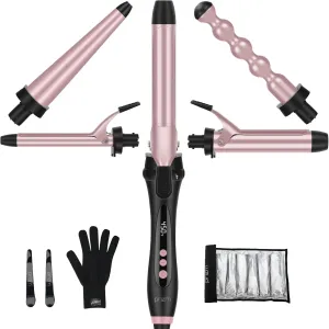 Prizm Curling Iron Set with Clamp,5 Interchangeable Barrel Curling Wand,Hair Wand 11 LCD Adjustable Temp,0.6 to 1.25 Inch,Bubble Wand,Tapered Curling Iron Travel Dual Voltage Rose Pink