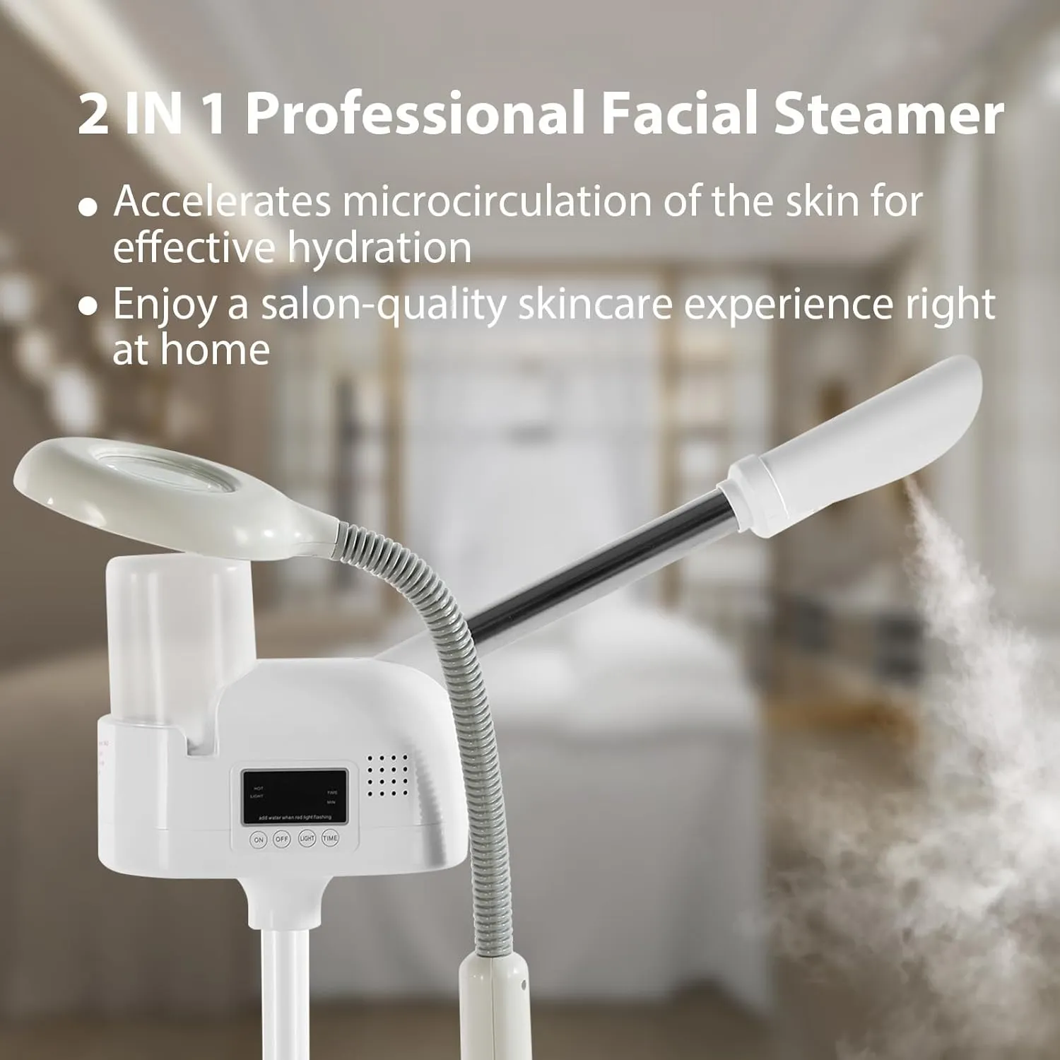 Professional Facial Steamer 2 in1 Steamer for Face 5X LED Magnifying Lamp Facial Steamer for Esthetician Beauty Face Equipment Use at Home or Salon（White）